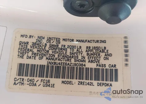 2010 Toyota Corolla Le из США, поврежденный, VIN 1NXBU4EE6AZ190384